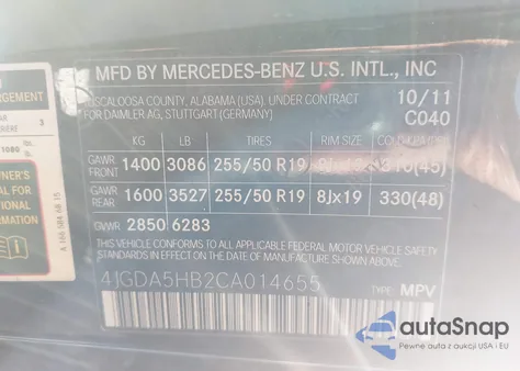 2012 Mercedes-Benz Ml 350 4Matic from USA, damaged, VIN 4JGDA5HB2CA014655